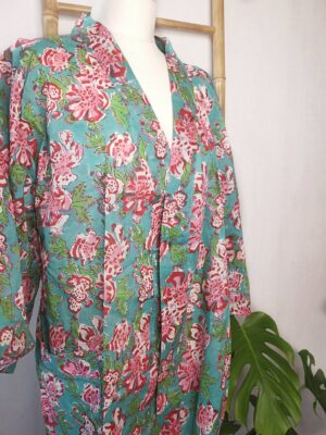 Pure Cotton Handprinted Kimono Aqua Green Pink Gardenia - Image 4