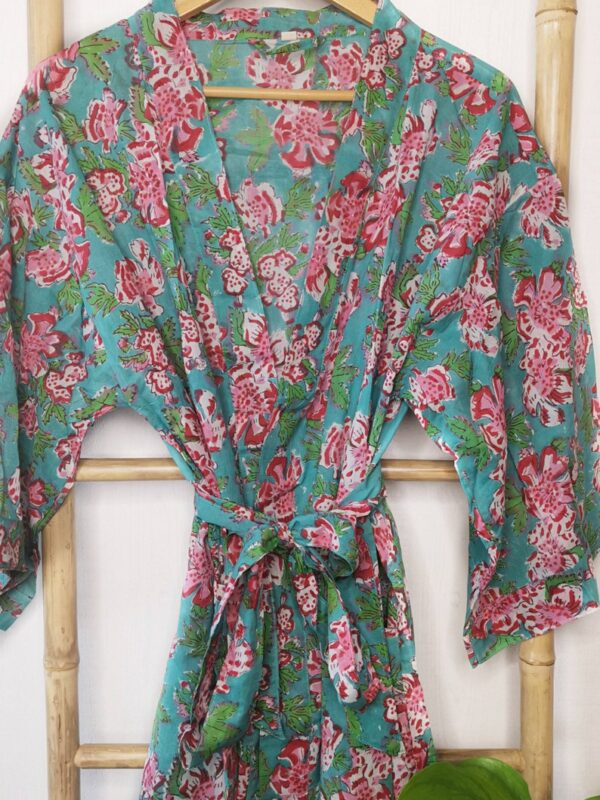 Pure Cotton Handprinted Kimono Aqua Green Pink Gardenia