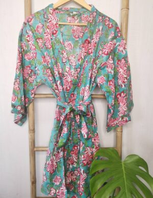 Pure Cotton Handprinted Kimono Aqua Green Pink Gardenia - Image 5