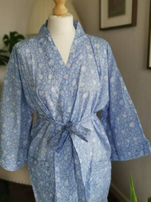 Knee length cotton Kimono in Soft Blue Mini Lotus Gardenia - Image 2