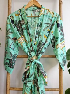 Pure Cotton Kimono in Bright Aqua Mint Safari Animal Print - Image 3