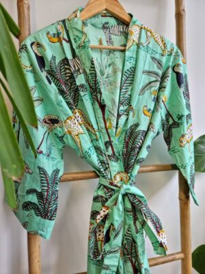 Pure Cotton Kimono in Bright Aqua Mint Safari Animal Print - Image 7