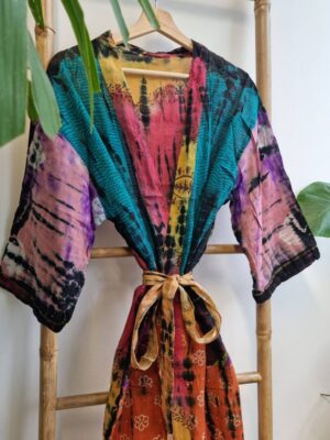 Recycled Vintage Cotton Kimono Orange Teal Purple Pink - Image 2