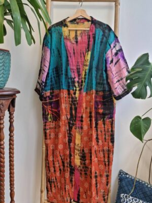 Recycled Vintage Cotton Kimono Orange Teal Purple Pink - Image 3
