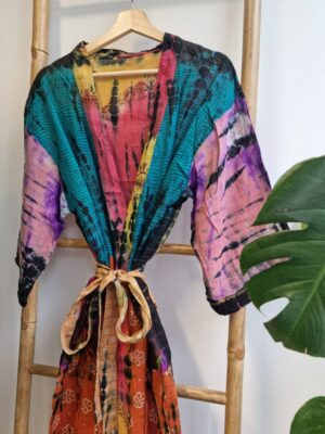 Recycled Vintage Cotton Kimono Orange Teal Purple Pink - Image 5