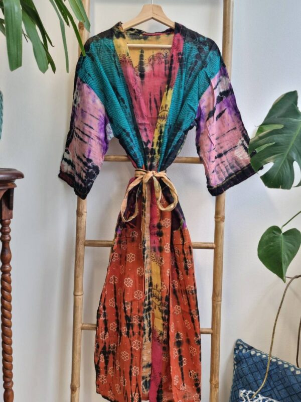 Recycled Vintage Cotton Kimono Orange Teal Purple Pink