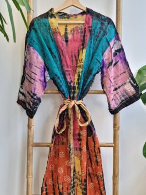 Recycled Vintage Cotton Kimono Orange Teal Purple Pink - Image 7