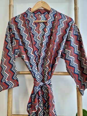 Men’s Cotton Indigo Bagru Boho Kimonos with Geometric Stripes - Image 2