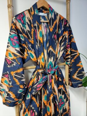 Men’s Cotton Kimono in Navy Aqua Mustard White Blue Ikat print - Image 2