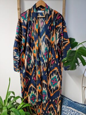 Men’s Cotton Kimono in Navy Aqua Mustard White Blue Ikat print - Image 4