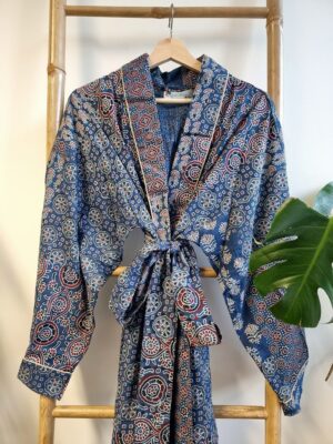 Men’s Cotton Kimono in Ajrakh Blue Indigo Patchwork - Image 2