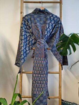 Men’s Cotton Kimono in Ajrakh Blue Indigo Patchwork - Image 3