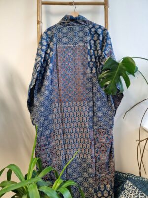 Men’s Cotton Kimono in Ajrakh Blue Indigo Patchwork - Image 4