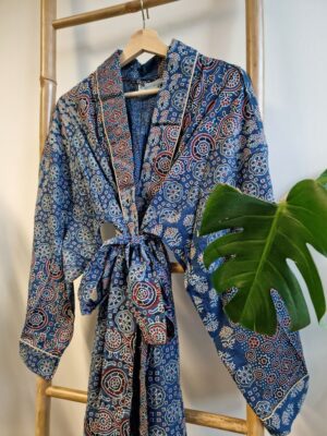 Men’s Cotton Kimono in Ajrakh Blue Indigo Patchwork - Image 5