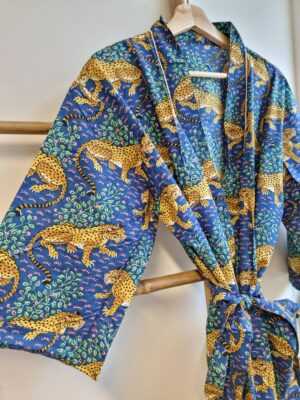 Men’s Cotton Kimono - Royal Blue Mustard Yellow - Image 3