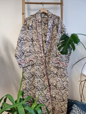 Men’s Cotton Kimono in Cream Black Red Deer Animal - Image 2