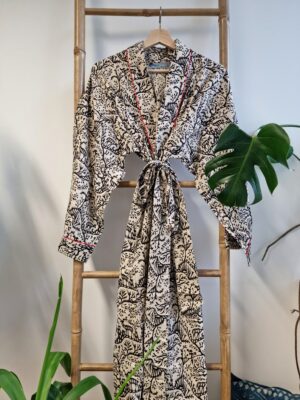 Men’s Cotton Kimono in Cream Black Red Deer Animal