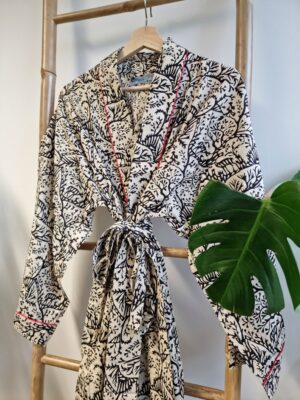 Men’s Cotton Kimono in Cream Black Red Deer Animal - Image 3