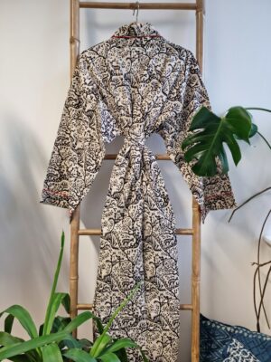 Men’s Cotton Kimono in Cream Black Red Deer Animal - Image 4