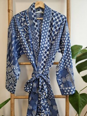 Men’s Cotton Kimono - Indigo White Blue Patchwork - Image 2