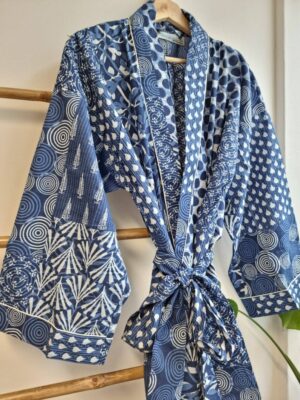 Men’s Cotton Kimono - Indigo White Blue Patchwork - Image 3