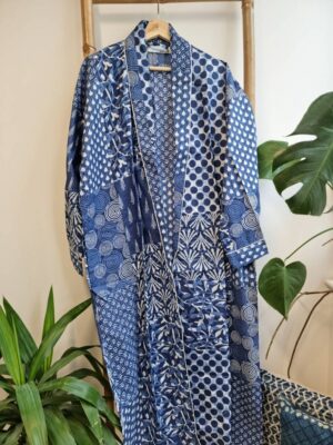 Men’s Cotton Kimono - Indigo White Blue Patchwork - Image 4