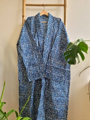 Men’s Cotton block print Kimono in Indigo White Blue with Zebra Stripe - Image 2
