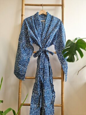 Men’s Cotton block print Kimono in Indigo White Blue with Zebra Stripe - Image 3