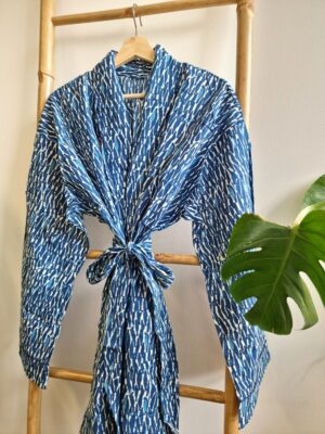 Men’s Cotton block print Kimono in Indigo White Blue with Zebra Stripe - Image 4