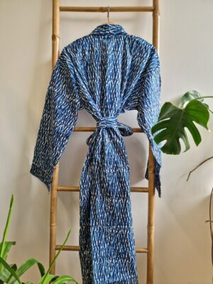 Men’s Cotton block print Kimono in Indigo White Blue with Zebra Stripe - Image 5