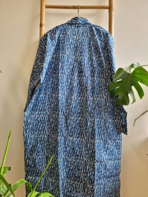 Men’s Cotton block print Kimono in Indigo White Blue with Zebra Stripe - Image 6