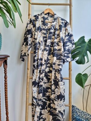 Men’s Cotton Kimono - Regal Classic Black Oreintal Leaves - Image 3