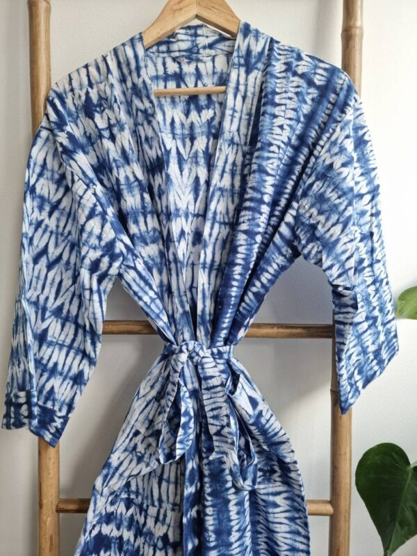 Men’s Cotton Kimono in Indigo Blue White Zebra Stripes