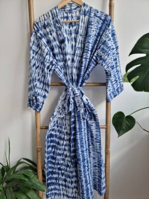 Men’s Cotton Kimono in Indigo Blue White Zebra Stripes - Image 2