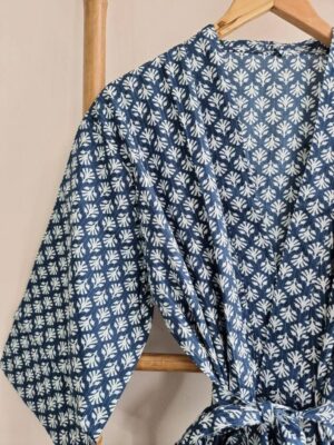 Men’s Cotton Kimono in Indigo Blue White Mini Motif - Image 2