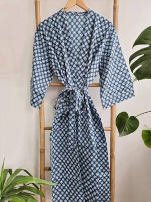 Men’s Cotton Kimono in Indigo Blue White Mini Motif - Image 3