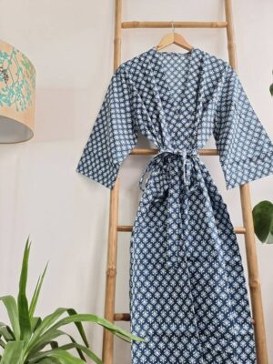 Men’s Cotton Kimono in Indigo Blue White Mini Motif - Image 4