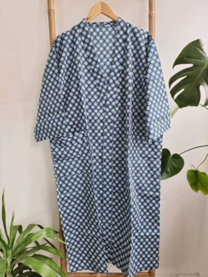 Men’s Cotton Kimono in Indigo Blue White Mini Motif - Image 5