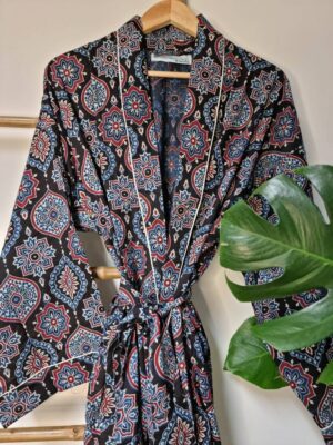 Men’s Cotton Kimono in Regal Black Blue Red- Ajrakh - Image 2