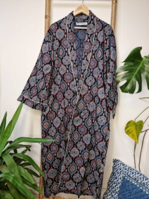 Men’s Cotton Kimono in Regal Black Blue Red- Ajrakh - Image 3