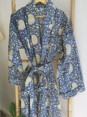 Men’s Cotton Handprinted House Robe Kimono - Blue Mughal Bloom Garden - Image 2