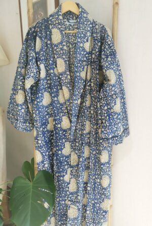 Men’s Cotton Handprinted House Robe Kimono - Blue Mughal Bloom Garden - Image 3
