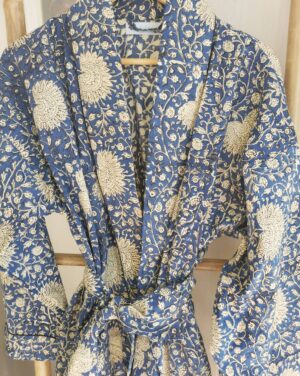Men’s Cotton Handprinted House Robe Kimono - Blue Mughal Bloom Garden - Image 4