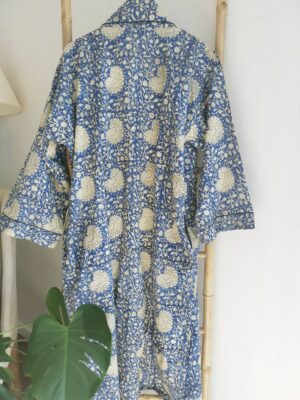 Men’s Cotton Handprinted House Robe Kimono - Blue Mughal Bloom Garden - Image 5