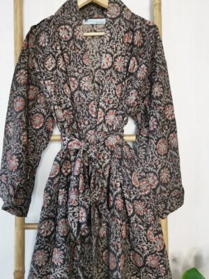 Men’s Cotton Kimono - Regal Black Bagru Print Mandala Flowers - Image 2