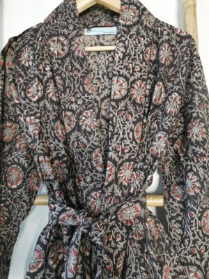 Men’s Cotton Kimono - Regal Black Bagru Print Mandala Flowers - Image 3