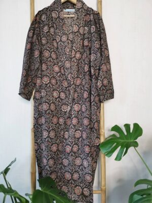 Men’s Cotton Kimono - Regal Black Bagru Print Mandala Flowers - Image 4