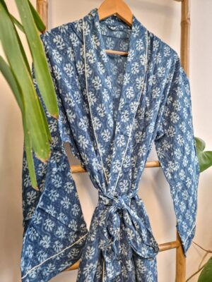 Men’s Cotton Kimono - Regal Indigo Stonewash Blue Mini Motifs - Image 2