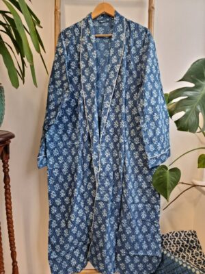 Men’s Cotton Kimono - Regal Indigo Stonewash Blue Mini Motifs - Image 3