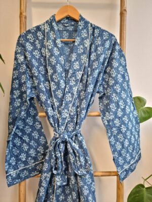 Men’s Cotton Kimono - Regal Indigo Stonewash Blue Mini Motifs - Image 5